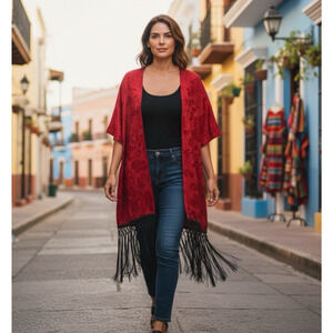 NWT GYPSIES & MOONDUST Red Velvet Burnout Kimono Fringe Sz M Festival Vamp Witch